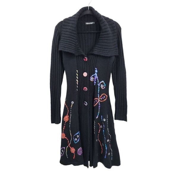 Vintage 90's Coatigan Duster Cardigan M Black Whimsical Embroidery Fairy Grunge - Picture 1 of 17